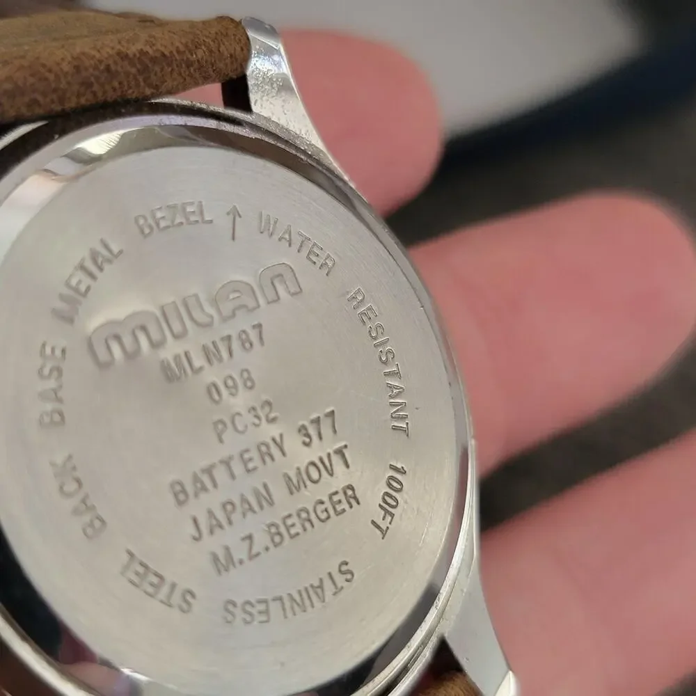 Vintage Milan MLN787 Mens Watch Silver Case Cream Dial Brown Leather Quartz